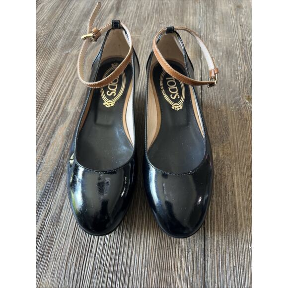 Tod's womens us 5 Black Patent Leather Ankle Strap Platform Wedge Pumps Sz 35.5 - Picture 5 of 14